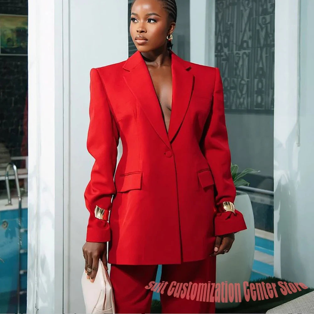 Elegant Women's Suit Autumn New Red Clothing Single Button Notch Lapel Blazer Pant Sets Formal Slim Fit Office Party Outerwears
