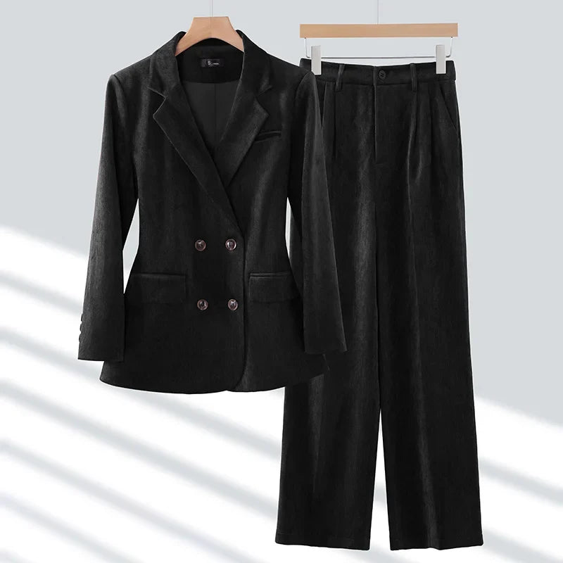 Pleuche Women Suits Office Sets 2024 Autumn New Fashion Notched Double Breasted Blazers Vintage Casual Wide Leg Pants Suits