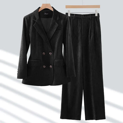 Pleuche Women Suits Office Sets 2024 Autumn New Fashion Notched Double Breasted Blazers Vintage Casual Wide Leg Pants Suits