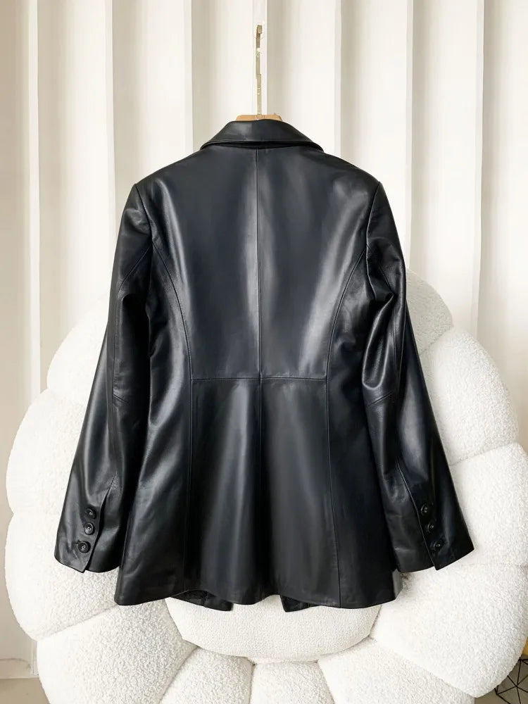 High Quality Women Single Breasted Genuine Leather Suit Jacket Fashion Office Lady Lapel Collar Slim Fit Sheepskin Blazers