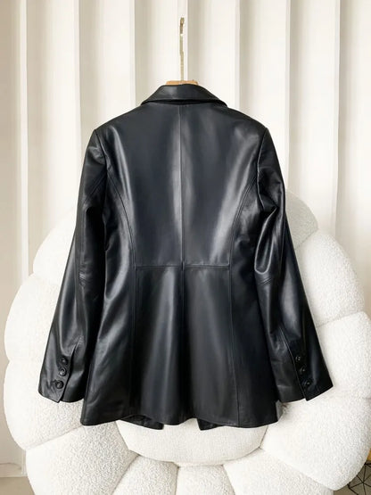 High Quality Women Single Breasted Genuine Leather Suit Jacket Fashion Office Lady Lapel Collar Slim Fit Sheepskin Blazers