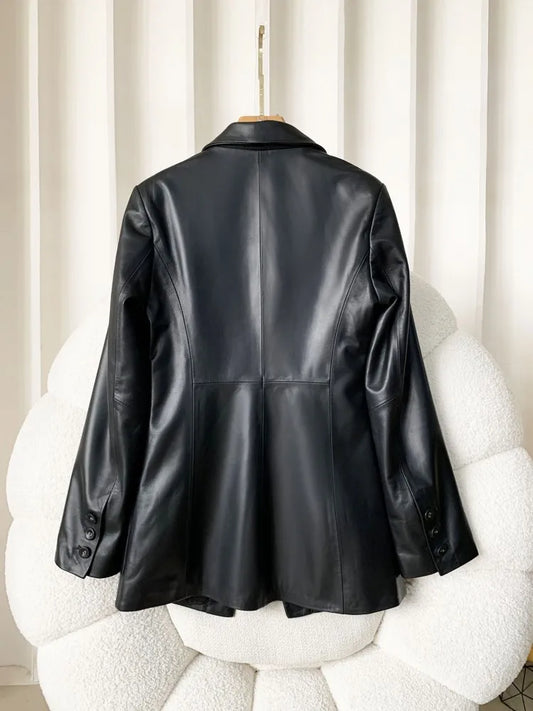 High Quality Women Single Breasted Genuine Leather Suit Jacket Fashion Office Lady Lapel Collar Slim Fit Sheepskin Blazers