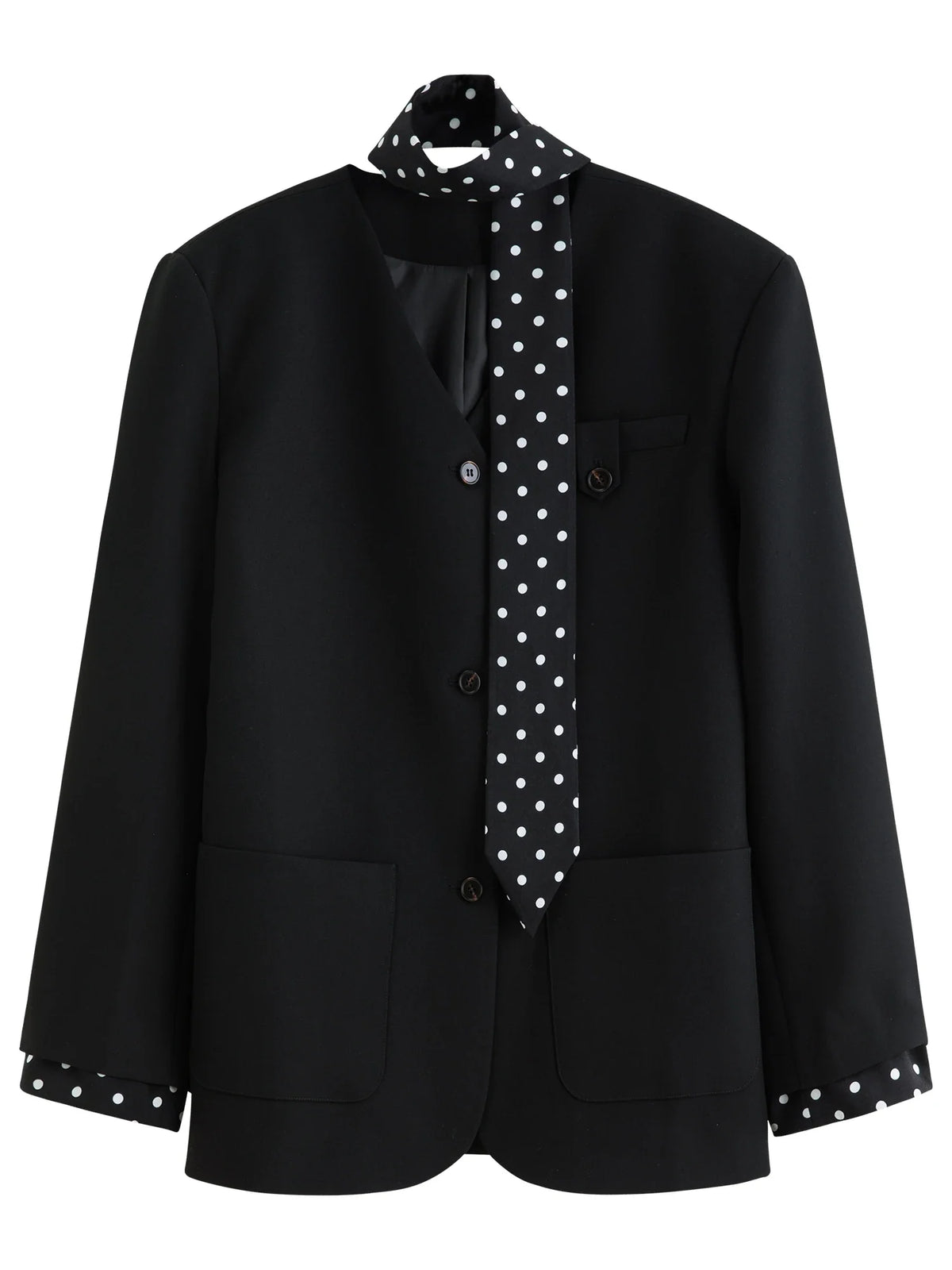 2025 Women's Black Polka Dot Blazer Spring New V-Neck Ribbon Bow Tie Long Sleeve Slim Jacket Retro Office Chic Outerwear