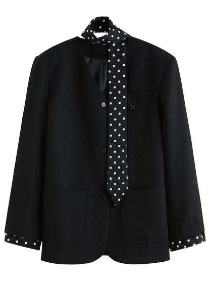 2025 Women's Black Polka Dot Blazer Spring New V-Neck Ribbon Bow Tie Long Sleeve Slim Jacket Retro Office Chic Outerwear