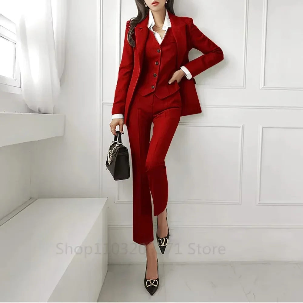 Solid Women Plus Size Suit 3 Piece Single Breasted Slim Fit Temperament Suitable For Business Work Set Jacket Vest With Pants