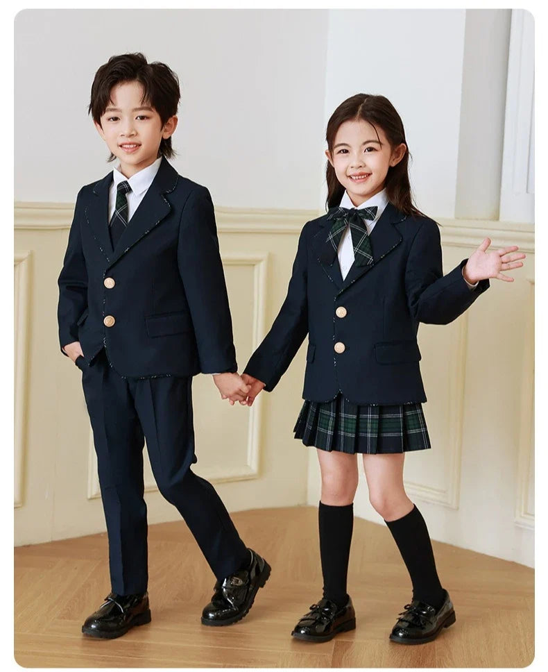 Children British School Uniforms Girls Preppy Jacket Pleated Skirts Boys Blazers Pants Suits Kids Teenage Student Clothes Sets
