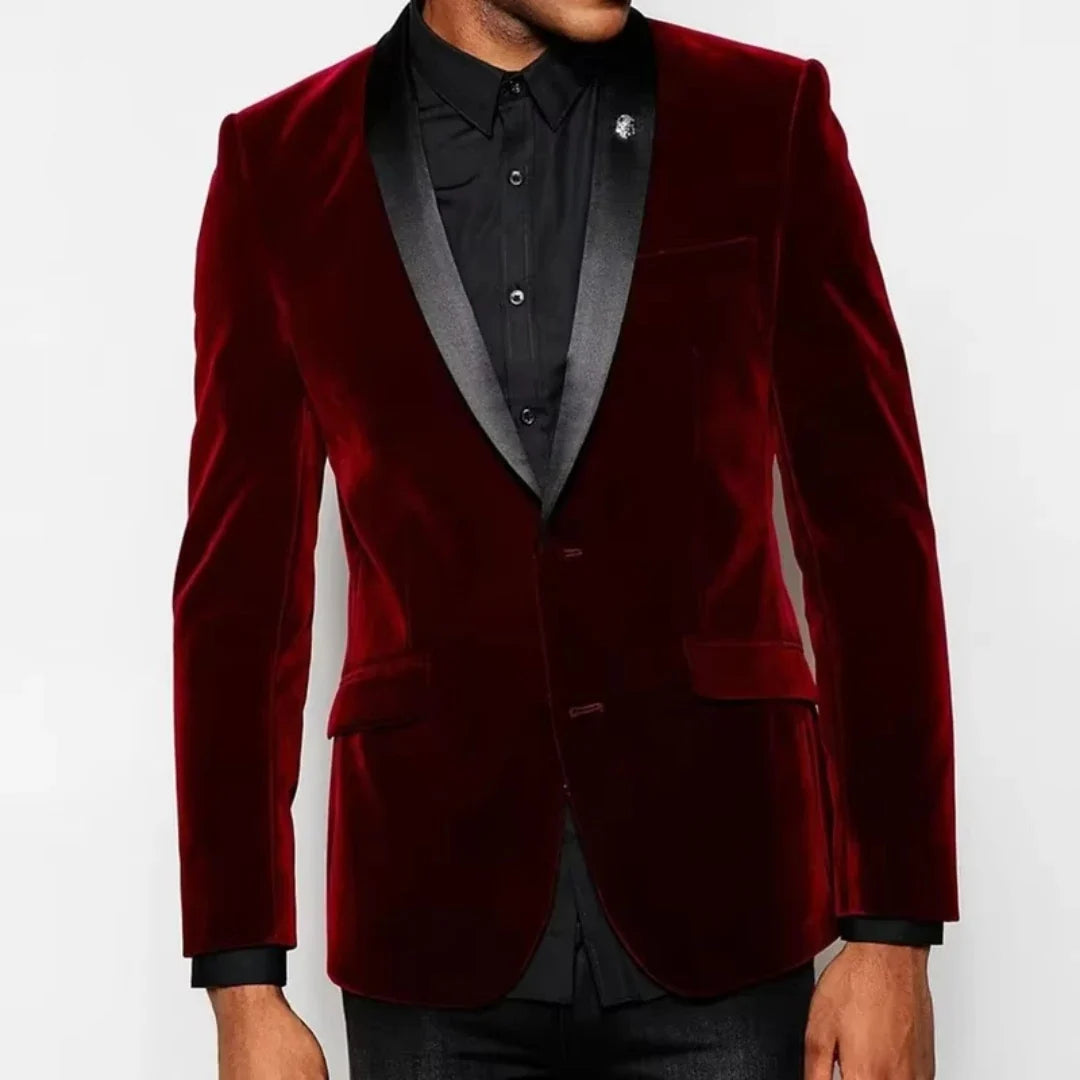 New Fashion Burgundy Velvet Jacket for Men Two Buttons Shaw Lapel Slim Fit Suit Blazer for Prom Party Wedding Business One Coat