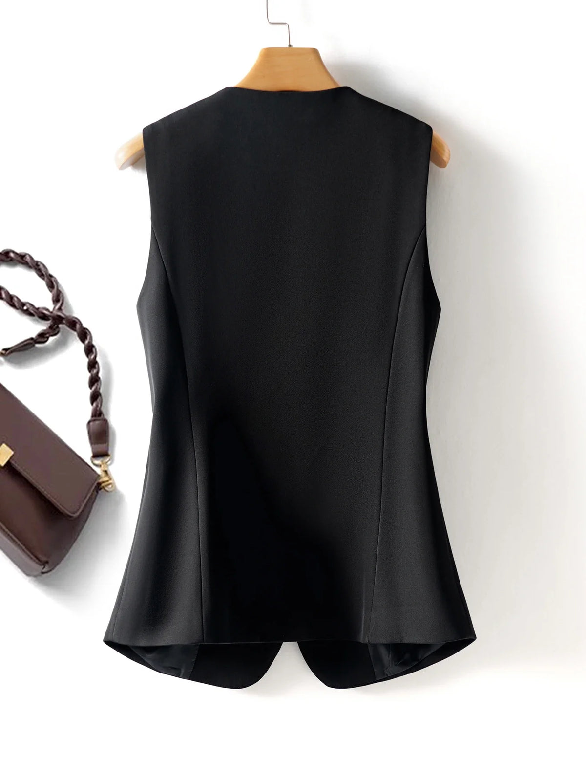Black Round Neck Single-Breasted Fashion Vest for Women, Spring & Fall Fashionable Slim Sleeveless Suit Vest Top for Outer Wear