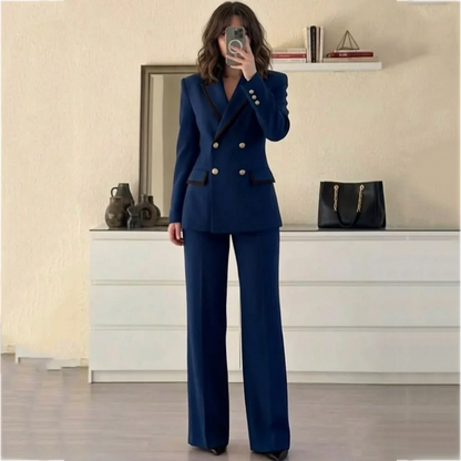 Elegant Women Double Breasted Suit Black Trim Lapel Slim Fit Pants Set 2 Pieces Business Wedding Guest Formal Party Outfit