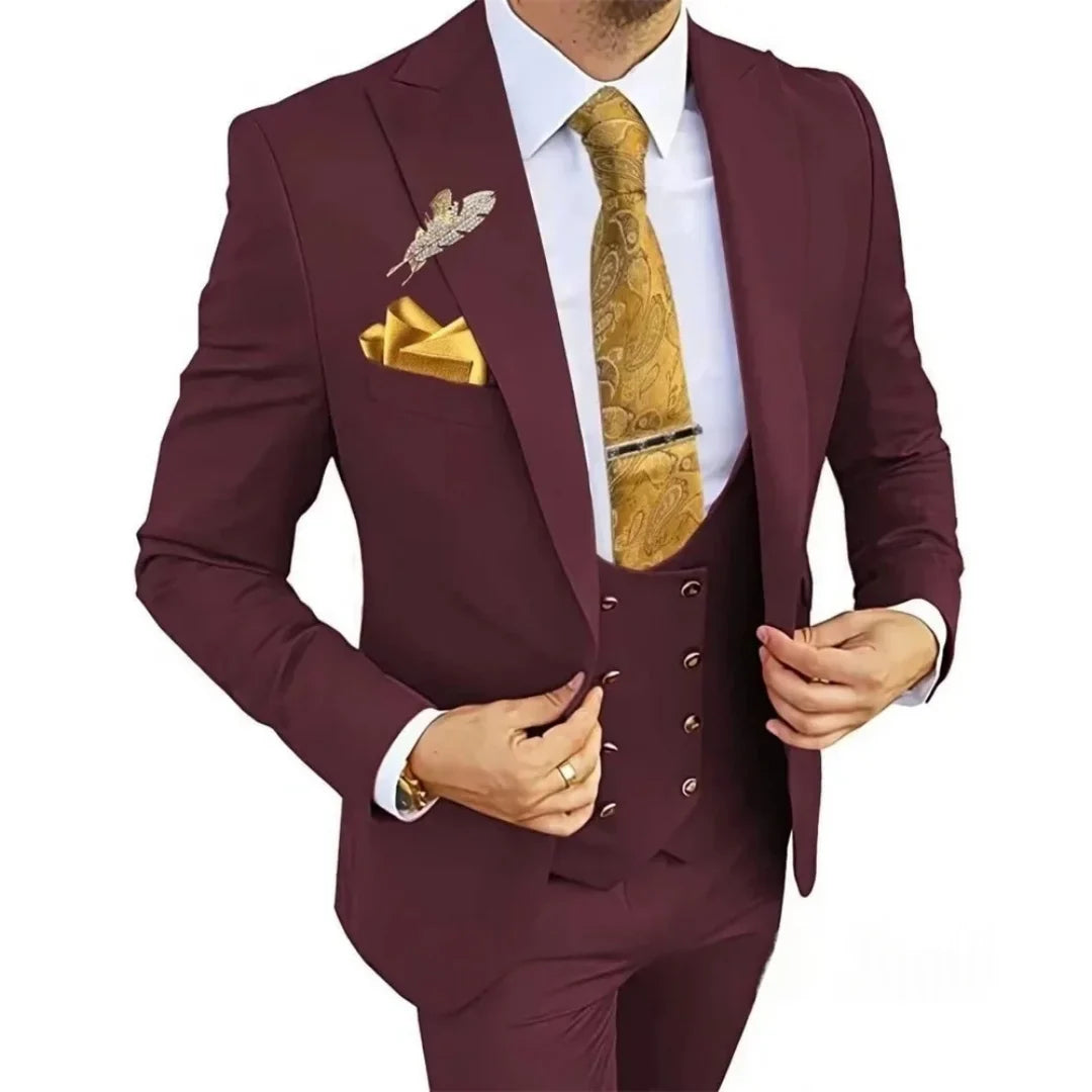 3 Piece Slim Fit Men's Suits Double Breasted Gold Button Blazer Vest Pants Set Wedding Formal Wear for Groomsmen