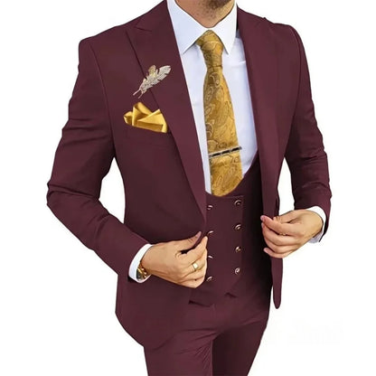 3 Piece Slim Fit Men's Suits Double Breasted Gold Button Blazer Vest Pants Set Wedding Formal Wear for Groomsmen