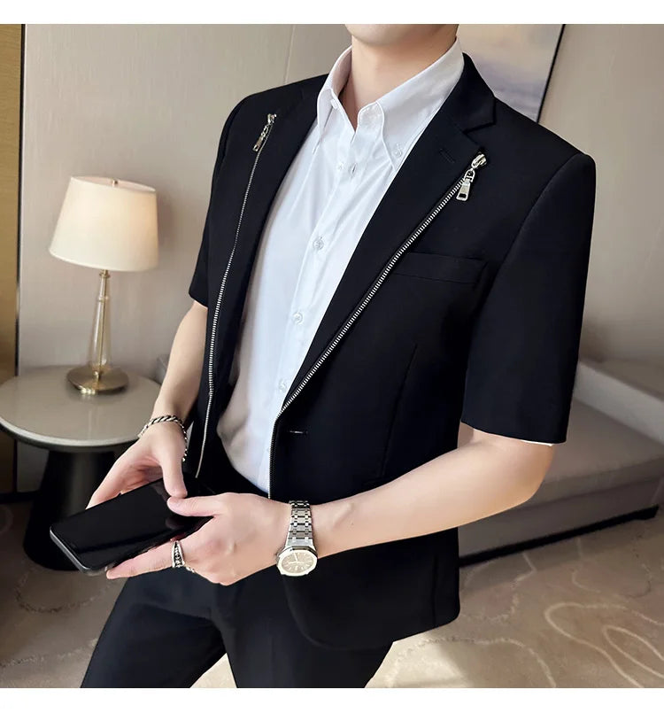 2023 Summer Zipper Decoration Blazers Men Casual Business Suit Jacket Slim Fit 3/4 Sleeve Streetwear Social Jacket Men Clothing