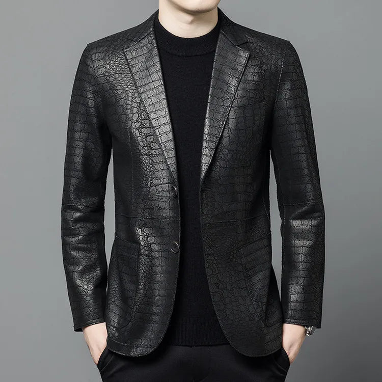 Men's Sheepskin Leather Blazer Single Breasted Winter Moto Jacket