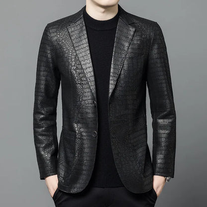 Men's Sheepskin Leather Blazer Single Breasted Winter Moto Jacket