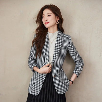 Women Office Ladies Single Breasted Slim Blazer Coat Autumn Winter Fashion Plaid Temperament Long Sleeved Elegant Tops Vacation