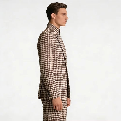 Elegant Men's Houndstooth Suit 2 Piece Mandarin Collar Slim Fit Fashion Jacket Pants Vintage Male Set For Formal Business Weddin