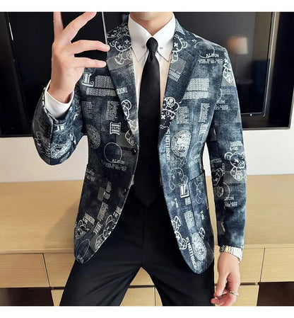 2024 Autumn Winter Jacquard Denim Suit Jacket for Men Fashion Business Casual Blazers Streetwear Social Men Clothing