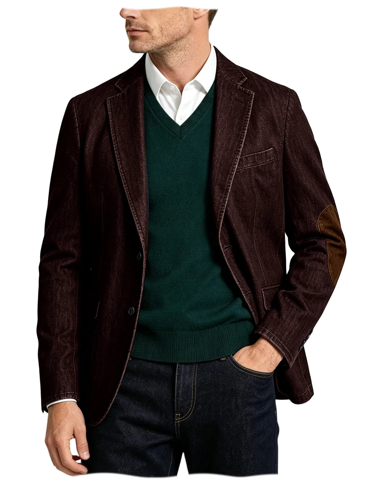Men's Denim Blazer Suit with Suede Elbow Patches – Slim Fit, Casual & Business Wear