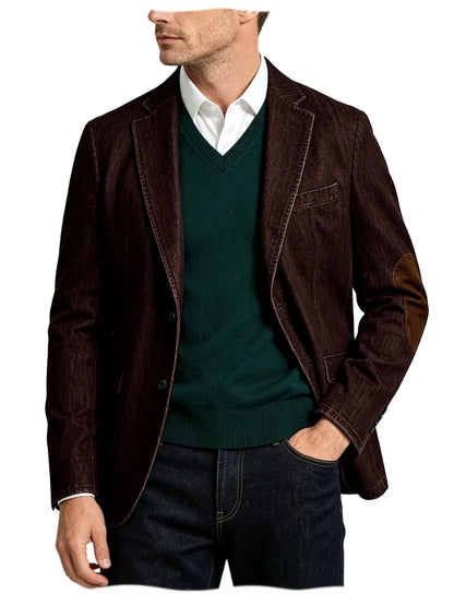 Men's Denim Blazer Suit with Suede Elbow Patches – Slim Fit, Casual & Business Wear