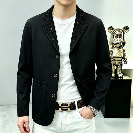 Men's Blazer Double Breasted Diamond Embroidered Smart Casual Black Autumn Winter