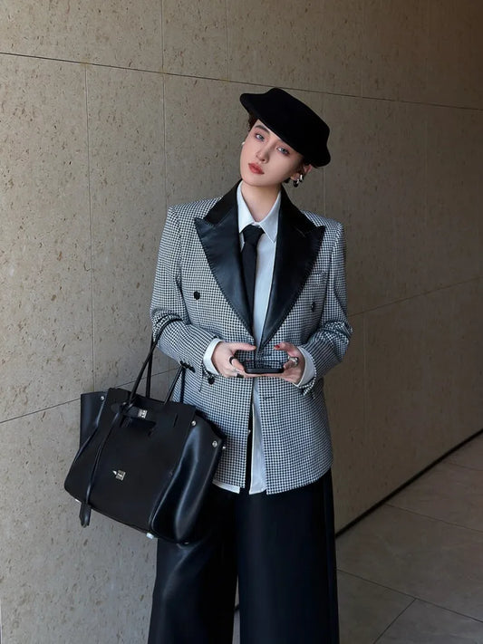 Female Vintage Plaid Suit Jacket Work Ladies Double Breasted Slim Fit Shoulder Padded Blazers Outerwear Notched Collar Coat