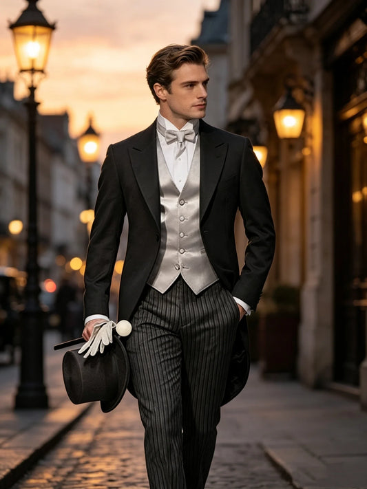 Mens Tuxedo Tailcoat Formal Dress Suits Swallow Tail Coat Black Male Jacket Vest Pants Party Wedding Dance Magic Performance