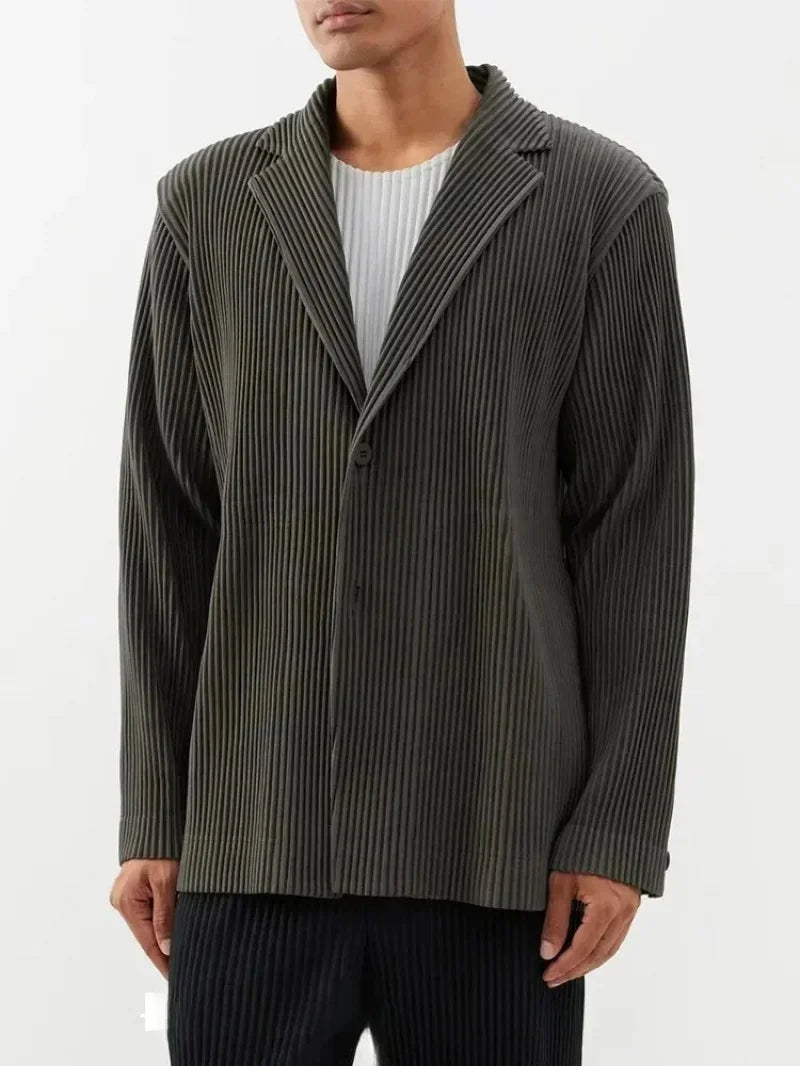 Miyake Pleated Men's Blazer Jacket Japanese Style Slim Fit Suit Coat Stretch Business Casual Office Fashion Luxury Wrinkle Free