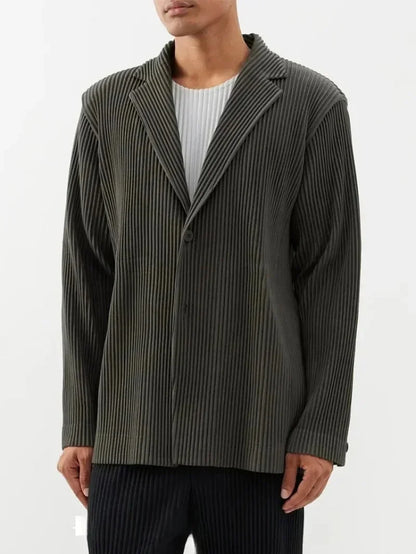Miyake Pleated Men's Blazer Jacket Japanese Style Slim Fit Suit Coat Stretch Business Casual Office Fashion Luxury Wrinkle Free