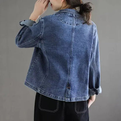 Women's Casual Denim Blazer Loose Fit Notched Lapel Single Button Jean Jacket
