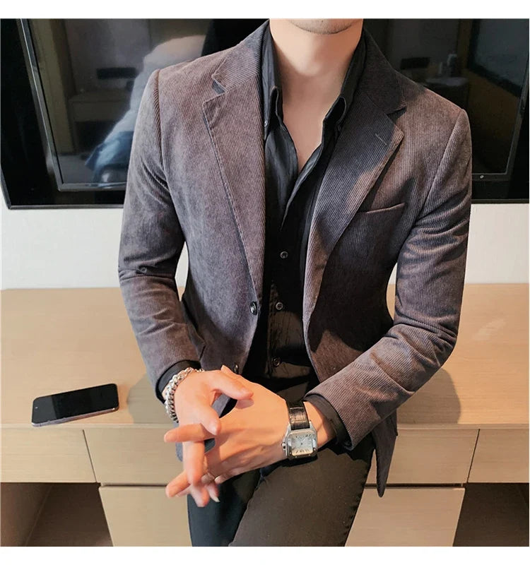 Men's Slim Fit Striped Corduroy Blazer – Smart Casual Single Breasted Suit Jacket