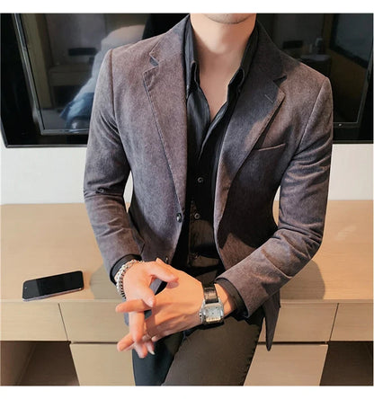 Men's Slim Fit Striped Corduroy Blazer – Smart Casual Single Breasted Suit Jacket