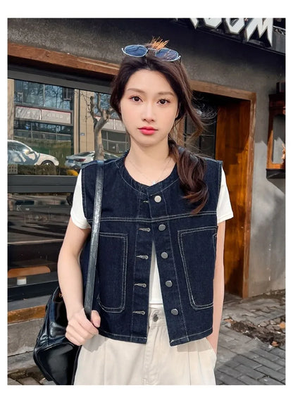 Retro Loose Thin Denim Vest Coat Women's Spring Summer Versatile Casual Sleeveless Jeans Jacket Korean Short Denim Waistcoat