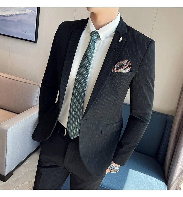 7XL 6XL(Jacket+Pant）Fashion Striped Men Slim Fit Suit Groom Wedding Tuxedo Formal Business Party Slim Fit Social Stage Costume