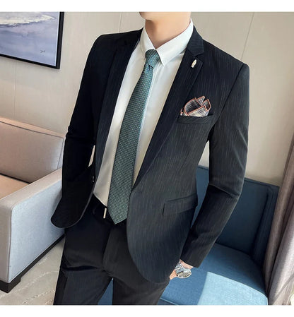 7XL 6XL(Jacket+Pant）Fashion Striped Men Slim Fit Suit Groom Wedding Tuxedo Formal Business Party Slim Fit Social Stage Costume