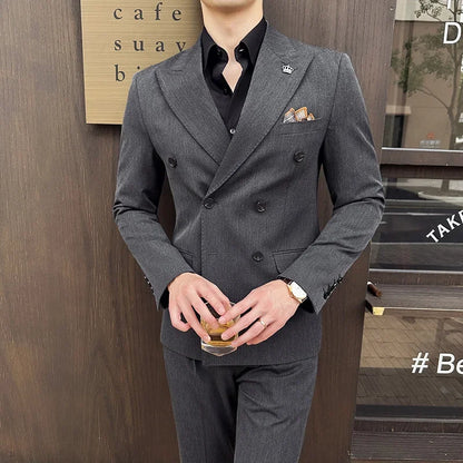 (Jacket+Pant) Fashion Double Breasted Design Men's Slim Fit Suits High Quality Italian Style Wedding Social Tuxedo Men Clothing