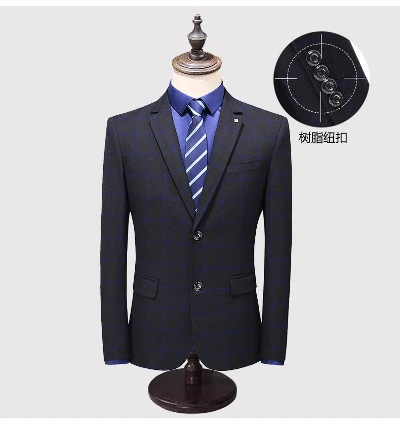 Men's Suit Set – Blazer, Vest & Trousers – British Grid Smart Casual for Business & Weddings