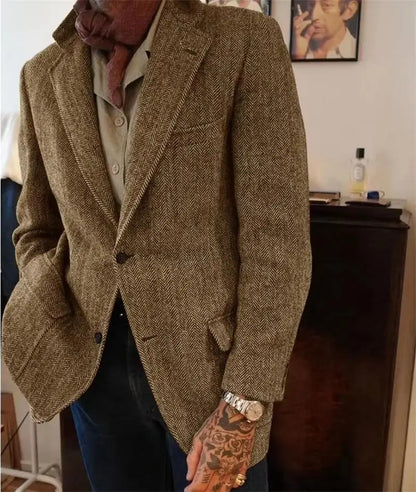 Mens Herringbone Tweed Blazer Vintage Wool Blend Houndstooth Jacket Regular Fit Notch Lapel Business Casual Outerwear Coat