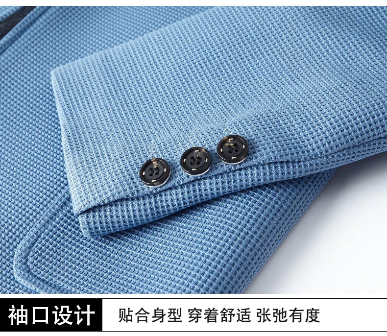 New men's suit jacket with non-stretch flat collar, waffle pattern, for business casual and fitted formal wear.