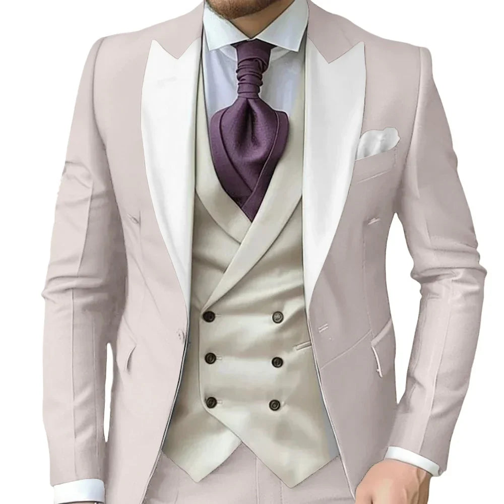 Fashionable Contrast Color Men's Suits 3 Pieces Jacket Vest Pants Dancing Sets Handsome Peak  Lapel Suit Set For Men Party Wear