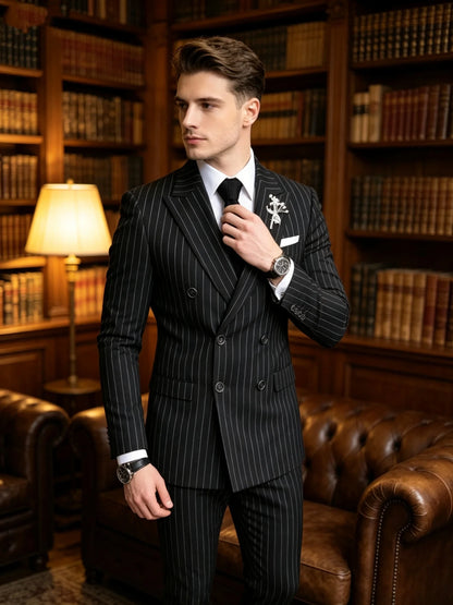 Black Striped Slim Fit Men's Tuxedo 2 Piece Business Set with Peak Lapel Double Breasted Blazer And Pants for Wedding Party Prom