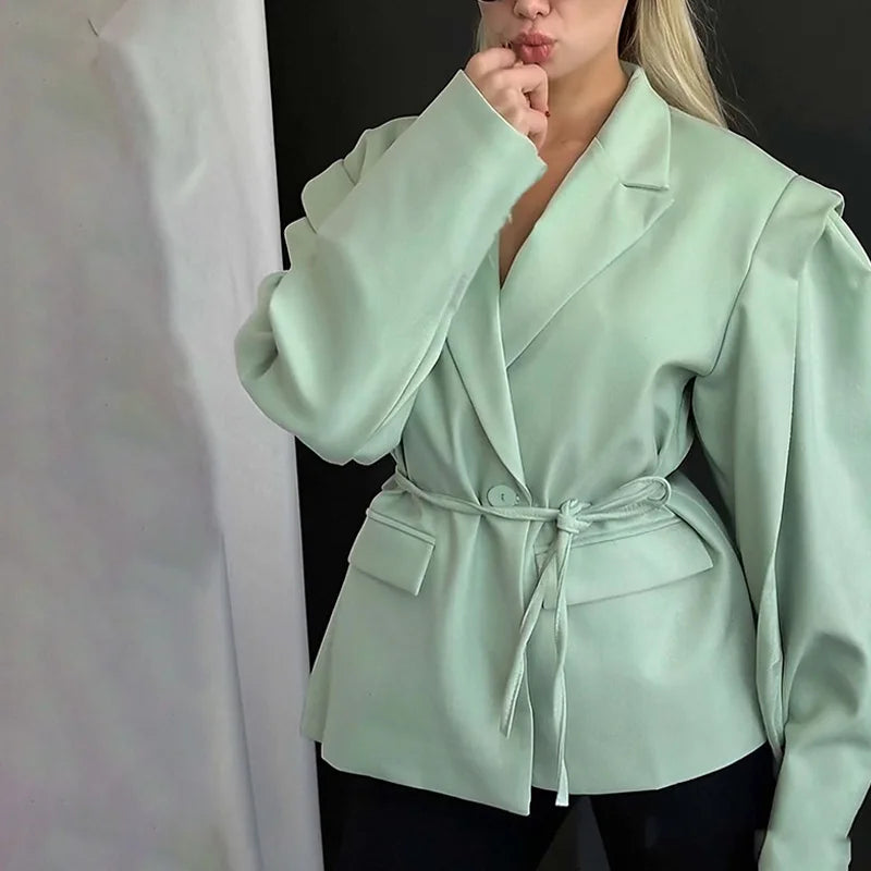 Spring Autumn Fashion Women's Pure Color Belted Shoulder Pad Suit Coat Commute Style Loose Fit Long Sleeve Regular Length