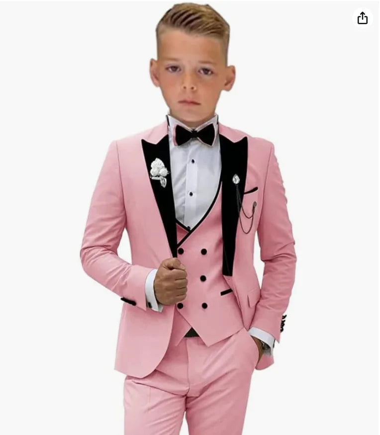 Beige Boys Suit Jacket Vest Pants Set Peaked Lapel Blazer Wedding Tuxedos for Kids Party Stage Dress Child Formal Suit