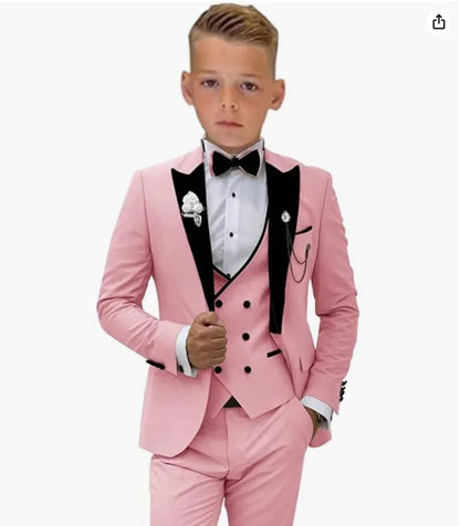 Beige Boys Suit Jacket Vest Pants Set Peaked Lapel Blazer Wedding Tuxedos for Kids Party Stage Dress Child Formal Suit