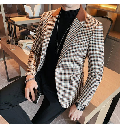 Men's High-Quality Fashion Suit Jacket Handsome Business Casual All-In-One Single-Breasted Checkered Design