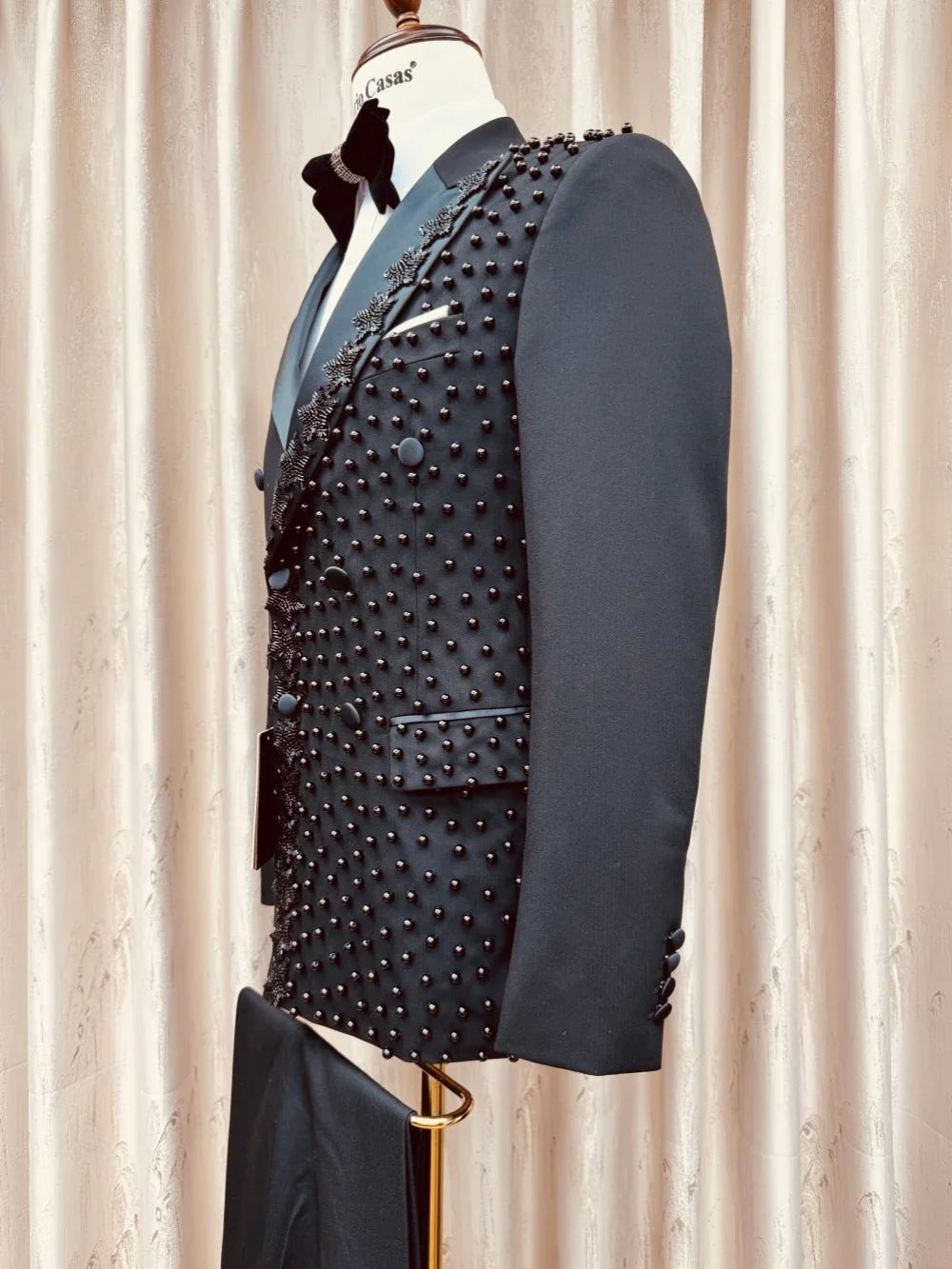 2-Pieces Men's Black Beaded Suits Wedding Groom Sets High Quality Double Breasted Suit Set Host Costumes Handsome Party Tuxedo