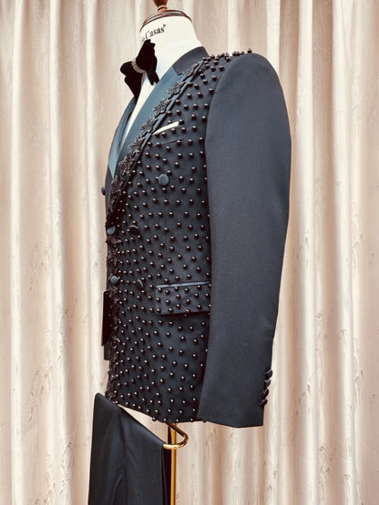 2-Pieces Men's Black Beaded Suits Wedding Groom Sets High Quality Double Breasted Suit Set Host Costumes Handsome Party Tuxedo
