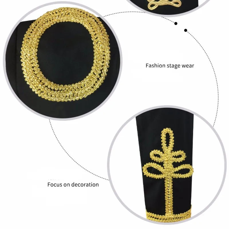 Men's European Style Stand Collar Zipper Blazer Golden Rope Detail Cosplay Middle Ages Tuxedo for Stage Performances And Parties