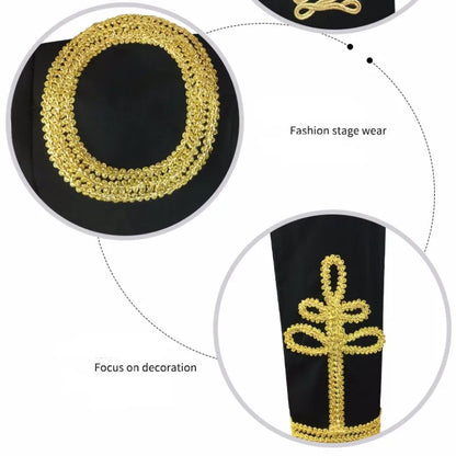 Men's European Style Stand Collar Zipper Blazer Golden Rope Detail Cosplay Middle Ages Tuxedo for Stage Performances And Parties