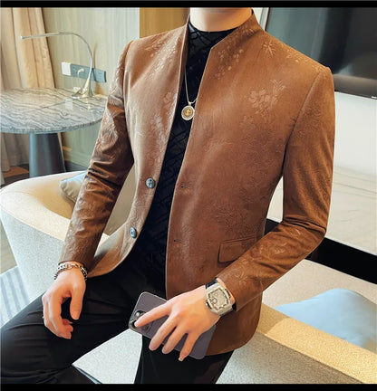 2025 Spring Trendy Jacquard Suit Jacket Men Stand Up Collar Casual Blazers Slim Wedding Business Streetwear Social Dress Coats
