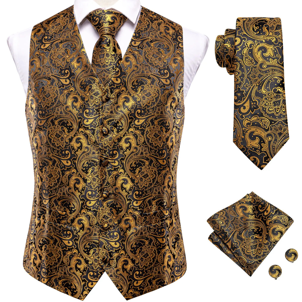 Men's Jacquard Floral Suit Vest Set with Tie Hanky Cufflinks for Wedding & Business